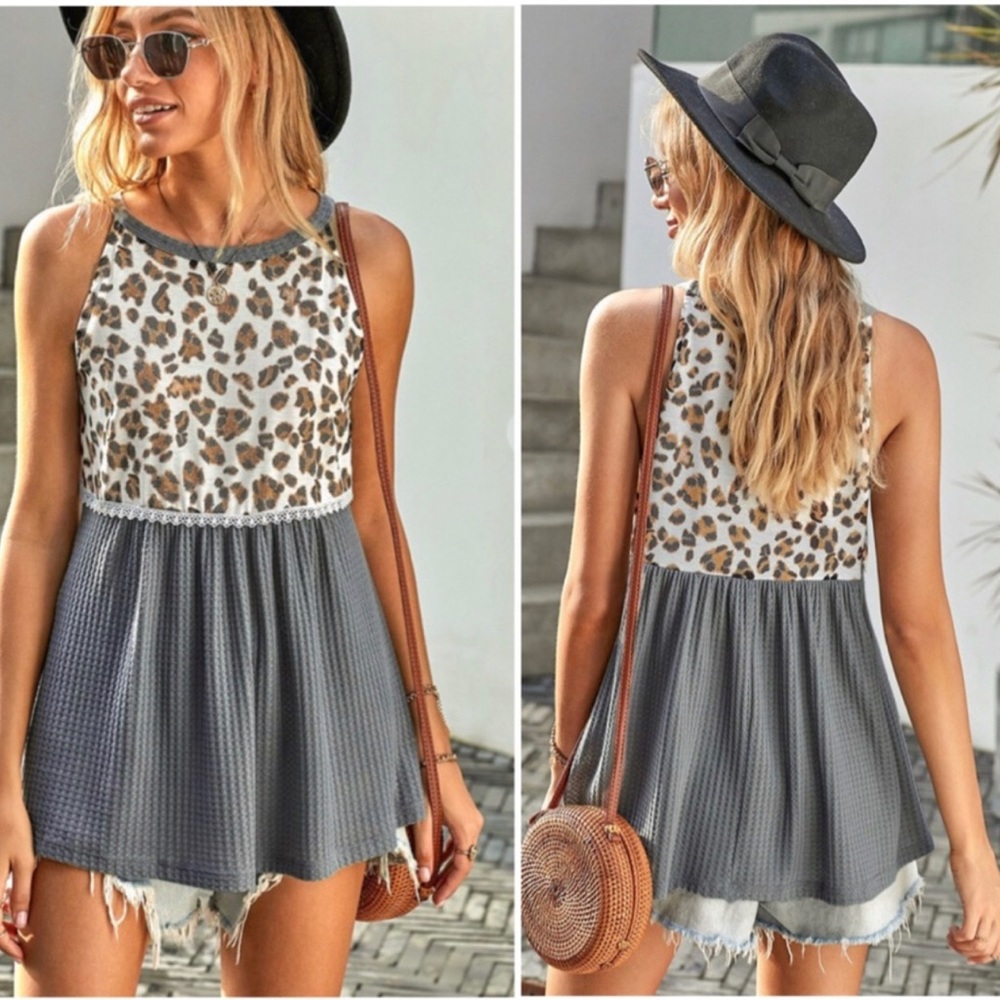 Gray Leopard Sleeveless Babydoll Top